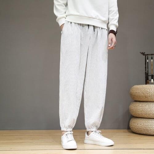 Baggy Cotton Linen Harem Pants Men 2021 Korean Style Vintage Striped Men Women Hip Hop Plus Size Wide Leg Pant Pantalone