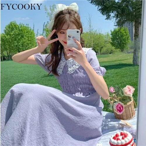 Sweet Lace Patchwork Dress Cute Peter Pan Collar Dress 2021 Summer French Puff Sleeve Dresses Female