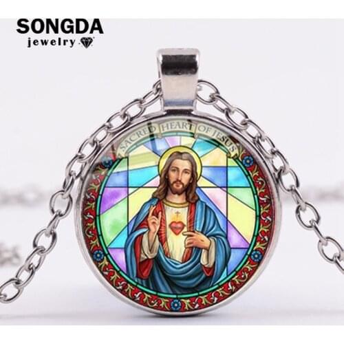 SONGDA Christian I Love Jesus Statement Necklace Cute Cartoon Art Picture Glass Dome Pendant Necklace Clavicular Chain Souvenirs