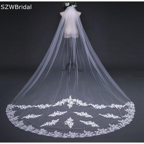 New Arrival Welon ivory Cheap Wedding Veils Long Lace Appliques Boda Bridal accessories Sexy Bride veil Veu de noiva longo