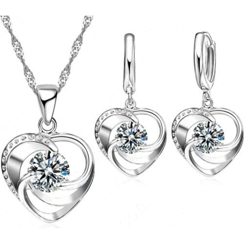 New Promotion Enagagement/Wedding Jewelry Set 100% 925 Sterling Silver Heart Pendant Necklace/Earrings Sets Wholesale