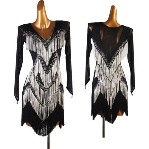Latin Dance Clothes Long Sleeve Rhinestone Fringe Clothing Women Adult/Kds Latin Competition Dresses Rumba Tango Costume DQL5208