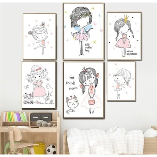 Nordic Spray Color Pink Skirt Ballet Girls Cat Posters And Prints Wall Pictures Nursery Kids Room Decoration Canvas Painting