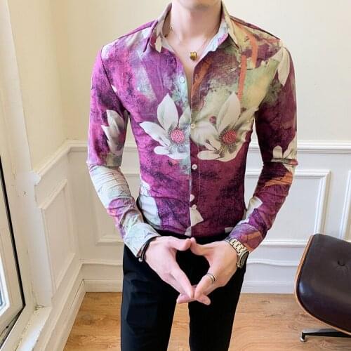 High Quality Fashion Men Floral Shirts Long Sleeve Simple Spring New 2021 Slim Fit Casual Prom Blouse Homme Streetwear 3XL-M Hot