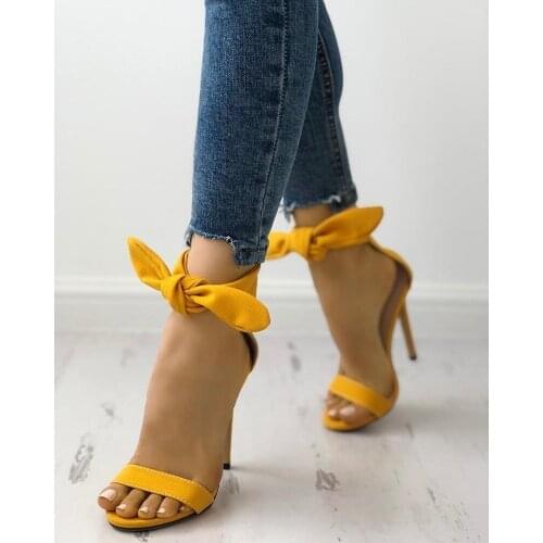 Female Pink Yellow Suede Super High Heel Sandals Ankle Big Bowknot Gladiator Sandal Shoes Single Strap Thin Heel Pumps