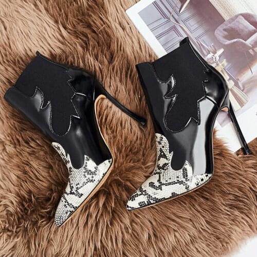 Sexy Snakeskin Patchwork Pointed toe Ankle boots Metallic Stiletto High Heels Elastic Slip on Ladies Party Ankle boots