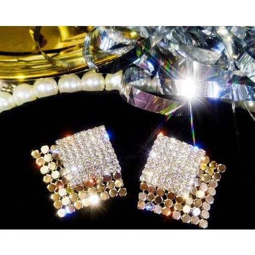 Net red bright diamond square earrings suitable for round-faced earrings Korean temperament earrings women 2021 new