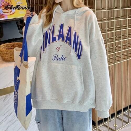 Shellsuning Winter Long Sleeve Oversize Women Letter Printing Hoodies Sweatshirts Two-color Korean Version Sportswear Pullover