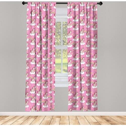 Nursery Curtain for Kids Rooms Unicorns Standing on Clouds with Rainbows and Stars on a Pink Skyline Window Drapes