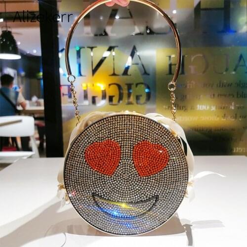 Double-sided Diamond Smiling Face Evening Bag Women 2020 New Cute Alloy Metal Mini Circular Dinner Purse And Handbag Female Chic