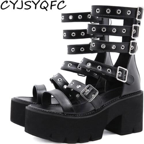 CYJSYQFC Gladiator Style Rivets Platform Women Sandals Peep Toe Black Soft Leather Square Heels Lady Shoes Sexy Back Zip Sandali