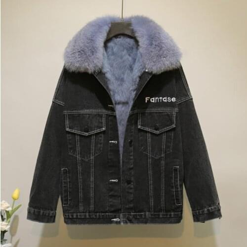 2021 Winter Real Fox Fur Collar Denim Jacket Female Korean Loose BF Style Thick Warm Fur Jacket Cotton Coat Embroidery Parka
