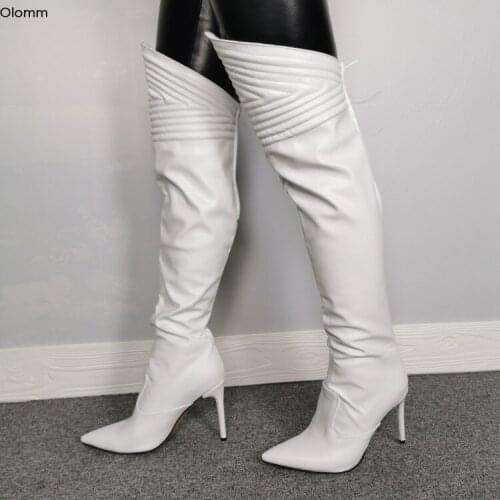 Olomm New Women Over The Knee Boots Sexy Thin High Heels Boots Pointed Toe Elegant White Casual Shoes Women Plus US Size 5-15