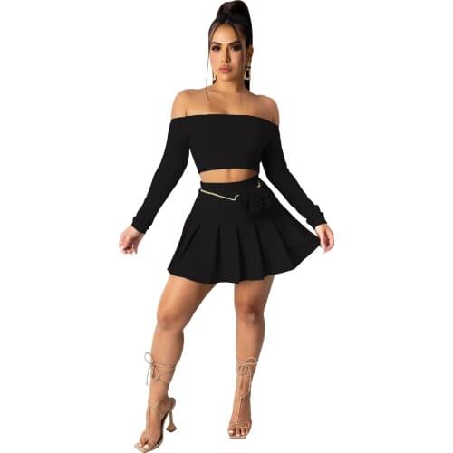 Clubwear Outfits Women Sexy Skirt and Top Set Long Sleeve Crop Top Pleated Skirt 2 Piece Set Two Piece Party Bodycon Club Outfit