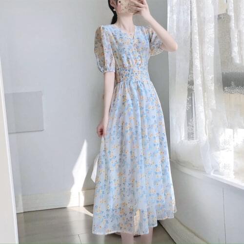 Long-sleeved/short-sleeved 2021 Spring and Summer Gentle Wind Long Skirt Fairy Super Fairy Forest V-neck Chiffon Floral Dress
