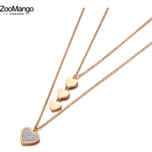 ZooMango Original Design Double Layer Heart Charm Pendant Necklaces For Women Stainless Steel CZ Crystal Choker Necklace ZN20153