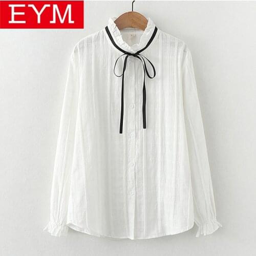 100% Cotton Simple White Shirts Women 2020 New Autumn Bow Lace Blouse Womens Long Sleeve Casual Blouses and Tops Blusas