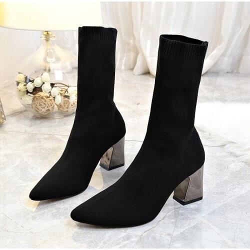 2020 New Ankle Boots Autumn Pointed Toe Stretch Knitting Sock Boots Plus Size High Heels Female Slip On Lady Shoes