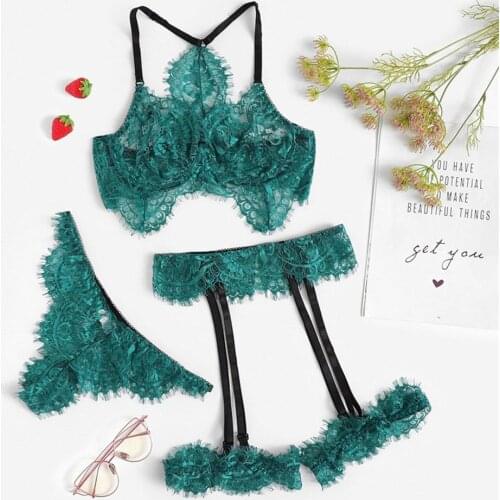 3PC New Sexy Women Silk Satin Lace Underwear Brassiere Set Seamless Wireless Lingerie With Thong Panty Garter Set Sleepwear S-XL