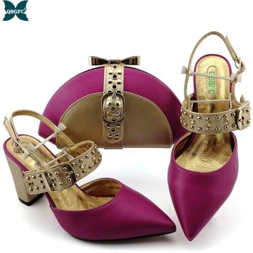 African Lastest Italian Design 2021 Nigerian Hot Selling Fashion Classic Style Party Ladies Shoes and Bag Set in Maganta Color