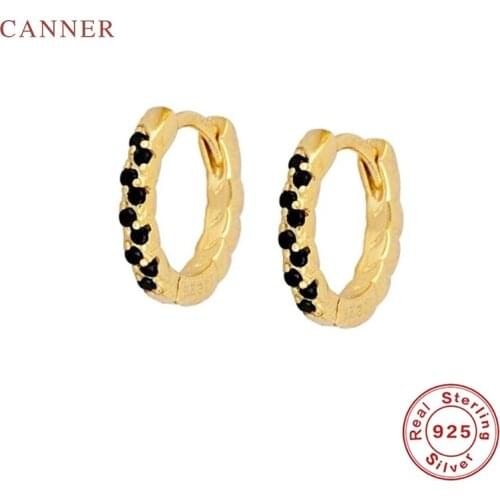 CANNER Mini Stylish Black Zircon Earrings For Women Real 925 Sterling Silver Earrings Hoops Diamond Korean Jewelry Pendientes
