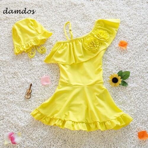 Bikini 2019 Girls Swimsuit Kids Swimwear One Piece Swimsuit Bathing Suit Beach Dress Children Biquni Set Cap Patchwork 3T-16T