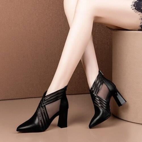 Summer Fashion solid mesh high heels pointed toe cross lines decoration ankle lady boots grace women ventilate boots red/black