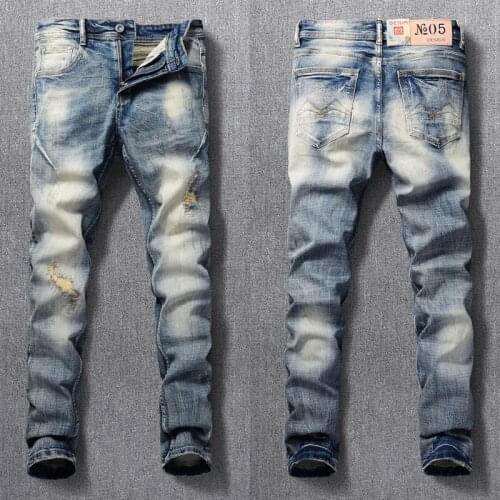 Italian Vintage Fashion Men Jeans Retro Yellow Blue Slim Ripped Jeans Elastic Cotton Patchwork Designer Hip Hop Denim Pants Men