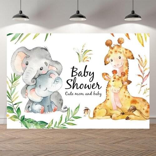 Cartoon Elephant Mum And Baby Shower Photo Backgrounds Newborn Green Leaves Customize Kids Birthday Party Backdrops Photography