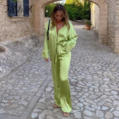 FSDA 2021 Tracksuit Satin Women Long Sleeve Top Shirts And High Waist Pants Elegant Casual Two Piece Sets Green Party Outfits