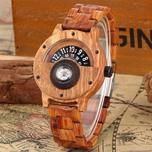 Compass Functional Mens Wood Watch Sport Fashion Mens Quartz Wristwatch Creative Display Half Dial Male Wooden Timepiece