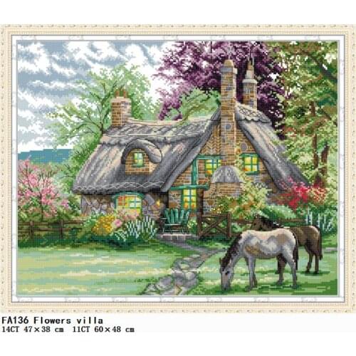 Joy Sunday Flowers Villa Cross Stitch Embroidery Needlework Kits Counted Patterns Stamped Thread 11CT 14CT Printing Fabric Decor