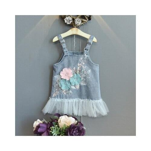 2-7Y Summer Kids Girls Casual Princess Dress Blue Floral Pattern Embroidery Square Collar Off-the-shoulder Retro Denim Dresses