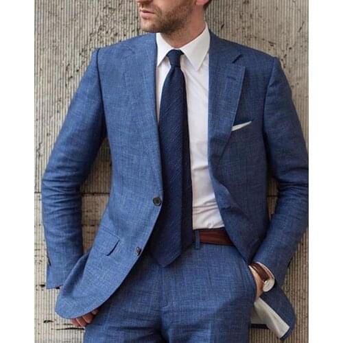 Summer Blue Beach Wedding Tuxedos Peaked Lapel One Button Groom Wear Formal Best Man Blazer Suits Custom Made Slim Fit