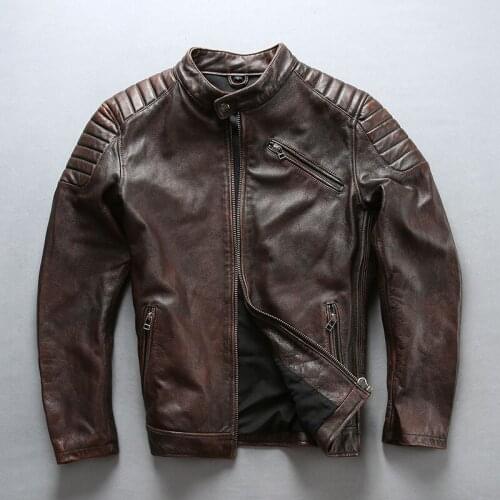 2018 Men Black/Brown Motorcycle Leather Jacket Genuine Cow Rider Jacket Casual Calf Cowhide Bomber Biker Jackets Winter Coats