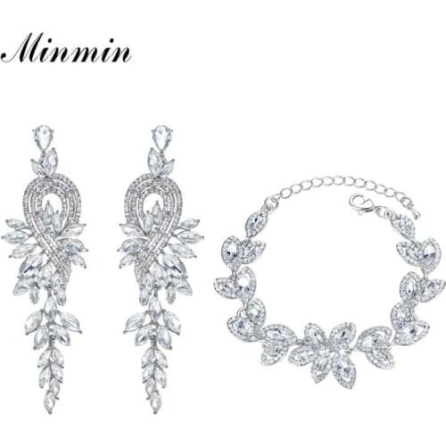 Minmin Luxury Leaf Shape Wedding Jewelry Set Bridal Crystal Earrings Bracelet Sets for Princess Prom Jewelry MEH946+SL046