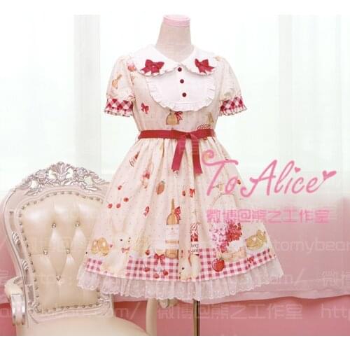 Super Cute Girls Spring Pinic Day Strawberry Cherry Patterns Lolita Dress Little Bunny Rabbit Bows One Piece 3 Colors