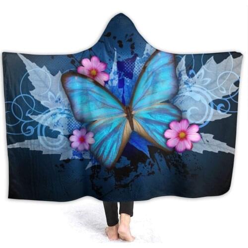 Blue Butterfly Prints Hooded Blankets Men Women Kids Flannel Fleece Plush Throw Blanket Lightweight Thermal Robe Blankets Cool