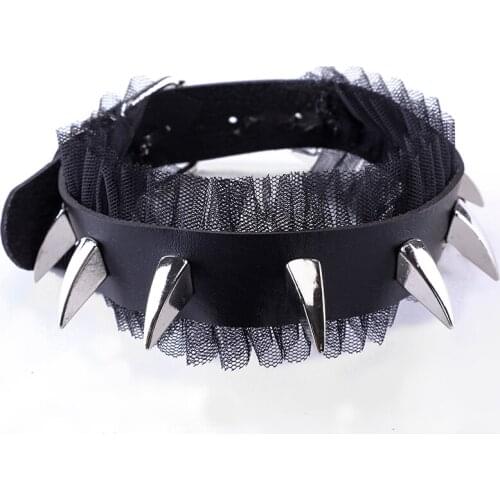 Steampunk Gothic Necklace Women Rivets Leather Belt Choker Lace Necklace Fashion Accessor