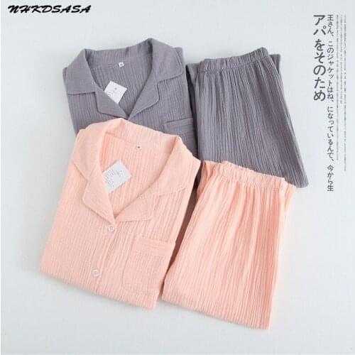 Lovers 100% Cotton Crepe Pajamas Sets Women Couple Solid Breathable Men Autumn Long Sleeve Soft Pijama Mujer Casual Pyjamas