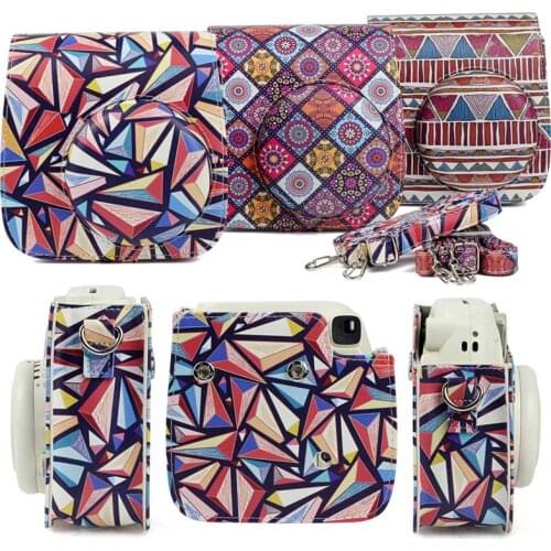 PU Leather Instant Camera Case For Fuji Fujifilm Instax Mini 8/8+/9 Folk-custom Lingge Pattern Shoulder Bag Protector