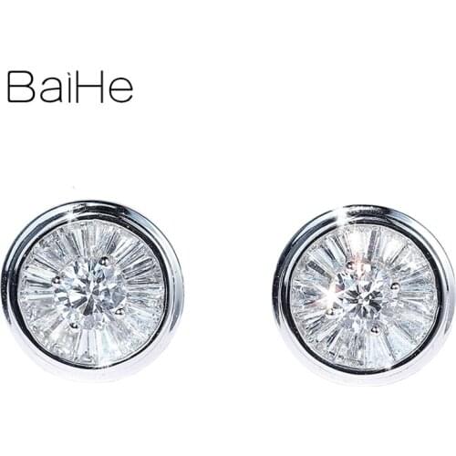 BAIHE Solid 14K White Gold 0.64ct H/SI Round Natural Diamonds earrings Trendy Fine Jewelry Diamond Round Stud earrings for Women