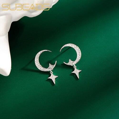 Subeads Real 925 Sterling Silver Crystal Star Moon Drop Earrings For Women Rhinestone Geometric Dangle Earrings Jewelry Ear Gift