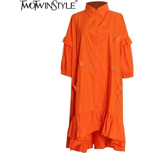 TWOTWINSTYLE Casual Dress For Women Loose Ruffle Patchwork Trim Hem Lapel Wrist Sleeve Long Dresses Female 2021 Summer Clothing