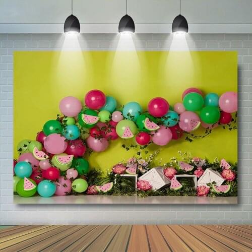 Balloons Watermelon Cake Smash Kids Backdrop 1st Birthday Decorion Spring Newborn Yellow Wall Background Vinyl Props Photostudio