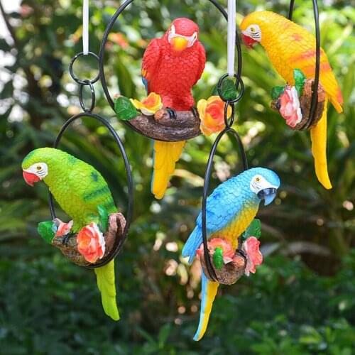 Iron Ring Small Artificial Parrot Pendant Statue Bird Statues Hanging Sculpture Resin Lawn Ornament Outdoor Gardening Decoration