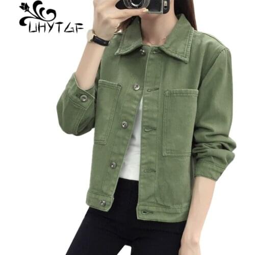 UHYTGF Female jacket Pure color wild CasualSpring Autumn Jeans Jacket Women loose plus size denim jackets student short tops 748