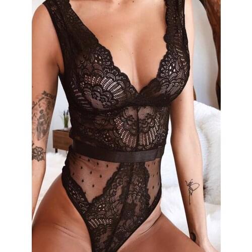 Summer Sexy Bodysuit Women Floral Embroidery Deep V Neck Lace Mesh Jumpsuit Overalls One Piece Bathing Suit