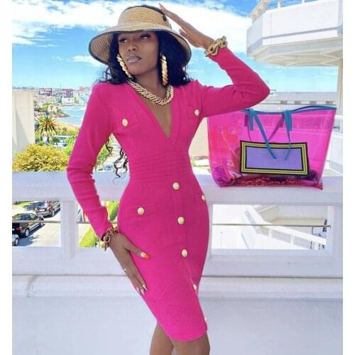 2021 Women Sexy Long Sleeve V Neck Hot Pink Orange Button Winter Bodycon Bandage Dress Elegant Celebrity Evening Party Dress