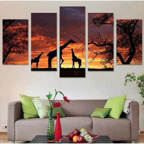 Abstract Canvas Art Poster Style 5 Panel Giraffes Wall Sunset Landscape Pictures For Living Room Cuadros Modern Decor Paintings